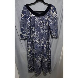 Vintage 70s T&L Muumuu Factory Hawaii Dress‎ Blue Hibiscus Velvet Trim Medium
